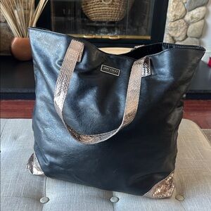Jimmy Choo Parfums Black Leather Tote Bag Gold Snakeskin Trim